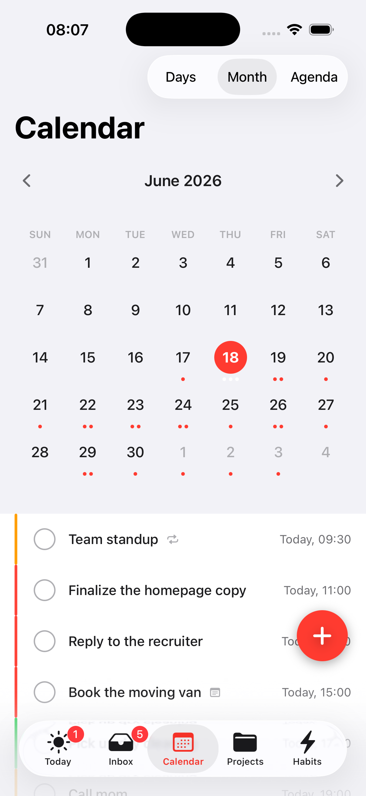 Calendar month view with task dots