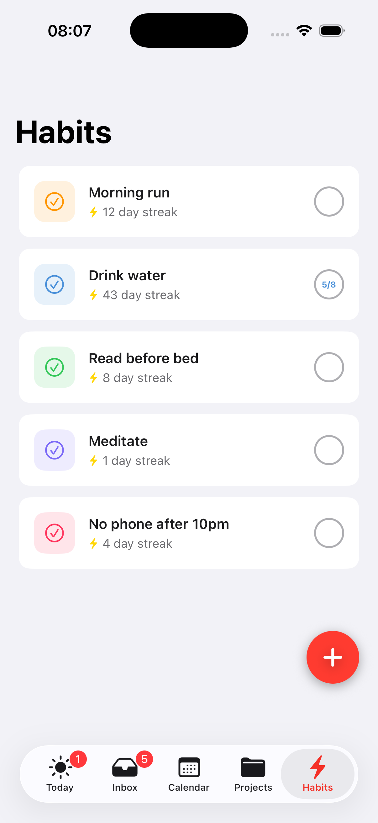 Habits list with streak counts