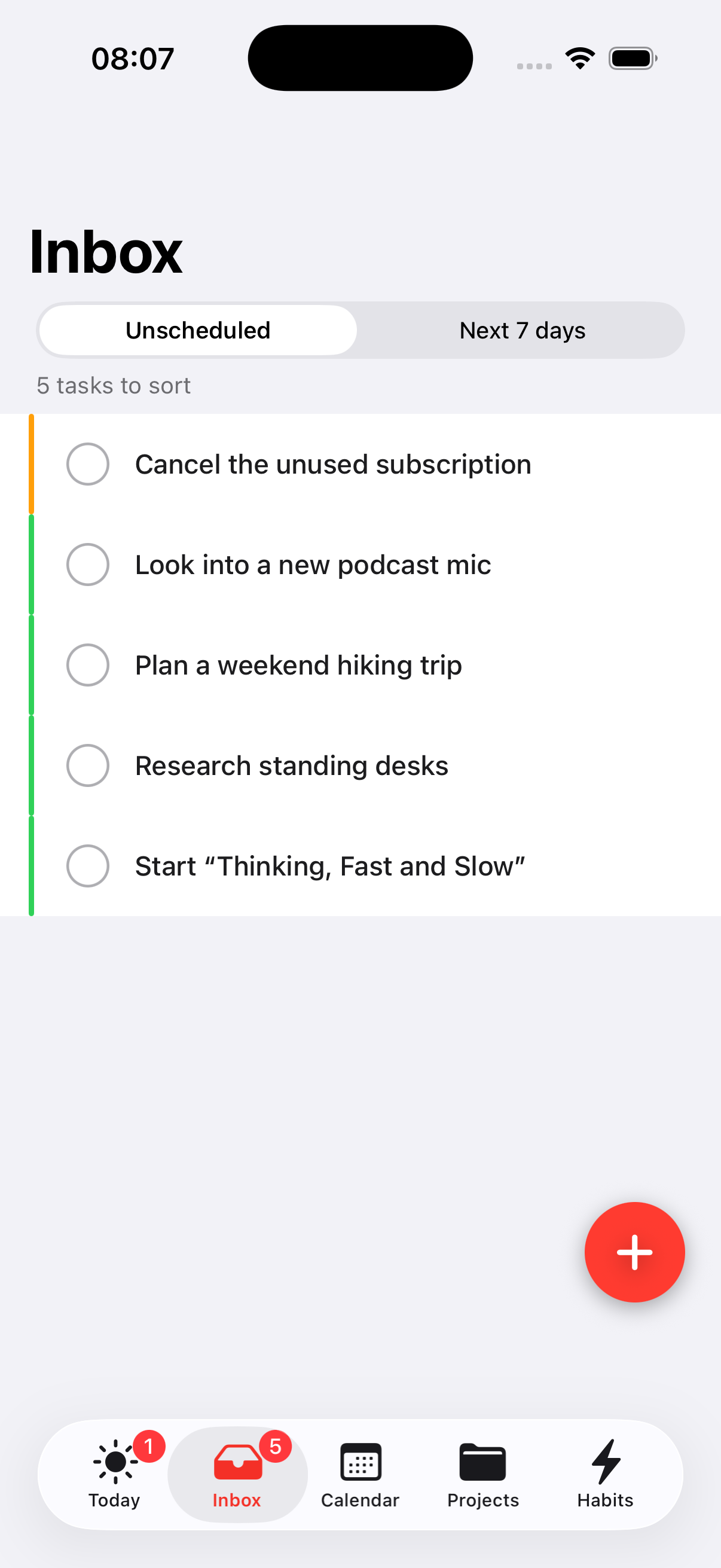 Inbox of unscheduled tasks