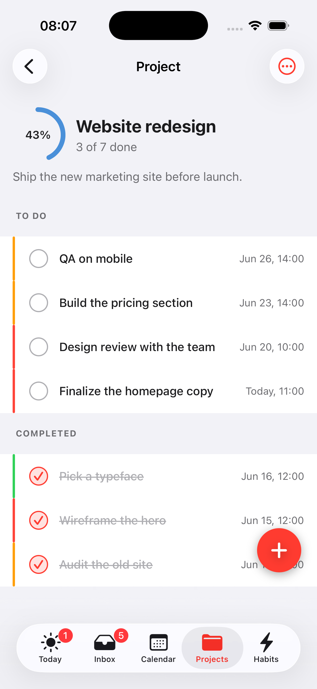 Project detail with to-do and completed tasks